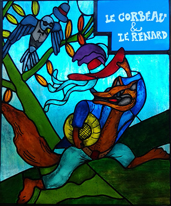 Vitrail réalisé par un élève des cours d’art du Centre des loisirs de Mont-Royal. Bibliotheque Reginald Dawnson
